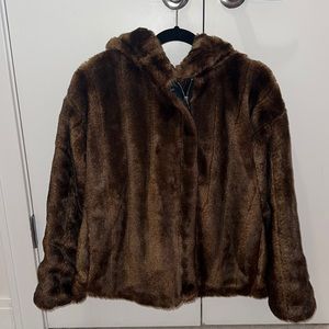Zara Trf Trafaluc Outerwear Brown Faux Fur Oversized Hoodie Coat Jacket Size XS